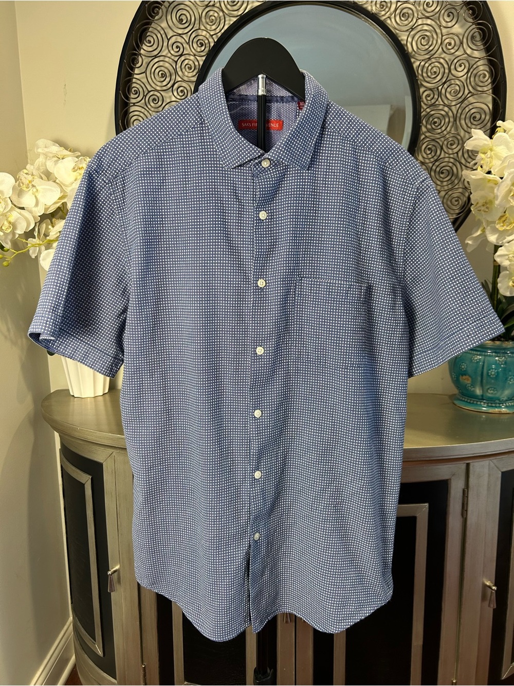 Saks Fifth Avenue Blue Micro-Check Short-Sleeve Button-Down Shirt
